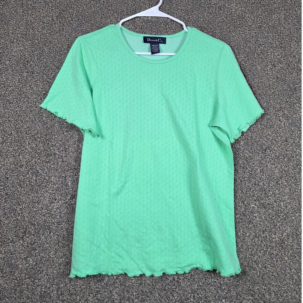 Denim & Co Short Sleeve Top Women Medium Green Pointelle Lettuce Edge A70303‎